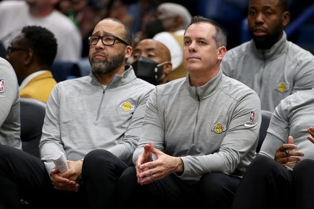 Mar 27, 2022; New Orleans, LA, USA; Los Angeles Lakers head coach Frank Vogel (right) and assistant coach David Fizdale at the Smoothie King Center during the second half against the New Orleans Pelicans . The Pelicans won 116-108.